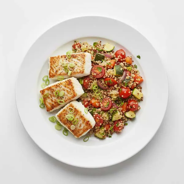 Pan Seared White Fish With Scallion And Roasted Veggie Quinoa